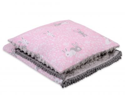 Komplekts: Divpusēja sega Minky + spilvens - rozā zaķi