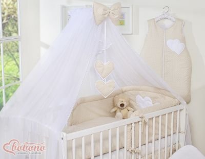 Moskītu tīkls no šifona- Piekārtas sirsniņas ar baltiem punktiem uz bēšās krāsas