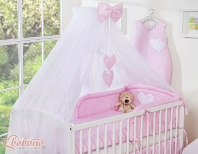 Moskītu tīkls no šifona- Piekārtas sirdis ar baltiem punktiem uz rozā