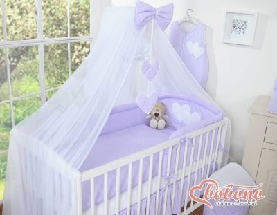 Moskītu tīkls izgatavots no šifona- Piekārtas sirsniņas ar baltiem punktiem uz ceriņu