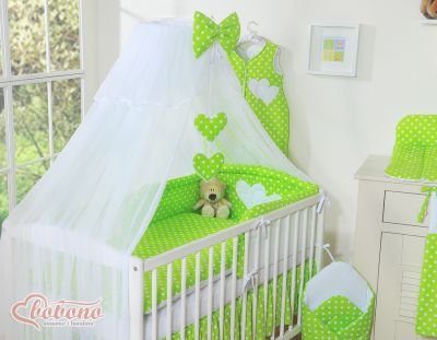 Moskītu tīkls no šifona- Piekārtas sirsniņas ar baltiem punktiem uz zaļuma