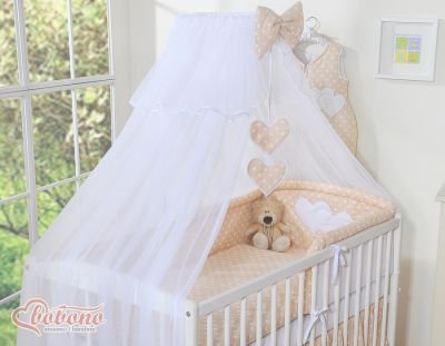 Moskītu tīkls no šifona- Piekārtas sirsniņas ar baltiem punktiem uz bēšās krāsas