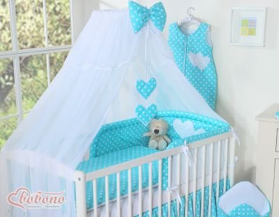 Moskītu tīkls izgatavots no šifona- Piekārtas sirdis ar baltiem punktiem uz tirkīza