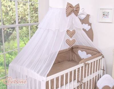 Moskītu tīkls no šifona- Piekārtas sirsniņas ar baltiem punktiem uz brūnas krāsas