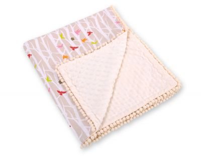 Divpusēja sega Minky ar pomponiem - bēša koka