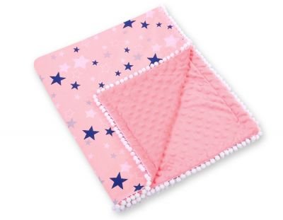 Divpusēja sega Minky ar pomponiem - rozā-navi zilām zvaigznēm