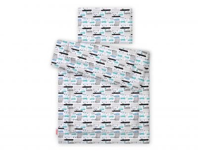 Gultas veļas komplekts 2gb ar pildījumu - pelēkām un tirkīzzilām automašīnām