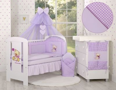 Gultasveļas komplekts 5gb ar moskītu tīklu - Lācītis ar bantīti ceriņu