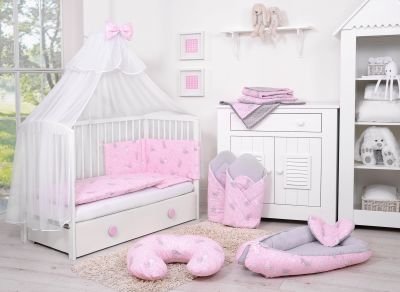 Gultas komplekts 5gab ar moskītu tīklu - rozā zaķi